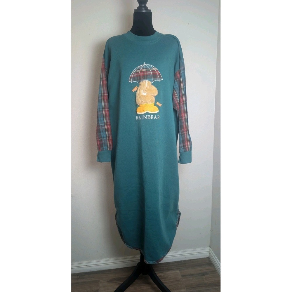 Vintage Night Gear Rainbear Fleece Loungwear Sleep Gown One Size Plaid Bear 1996